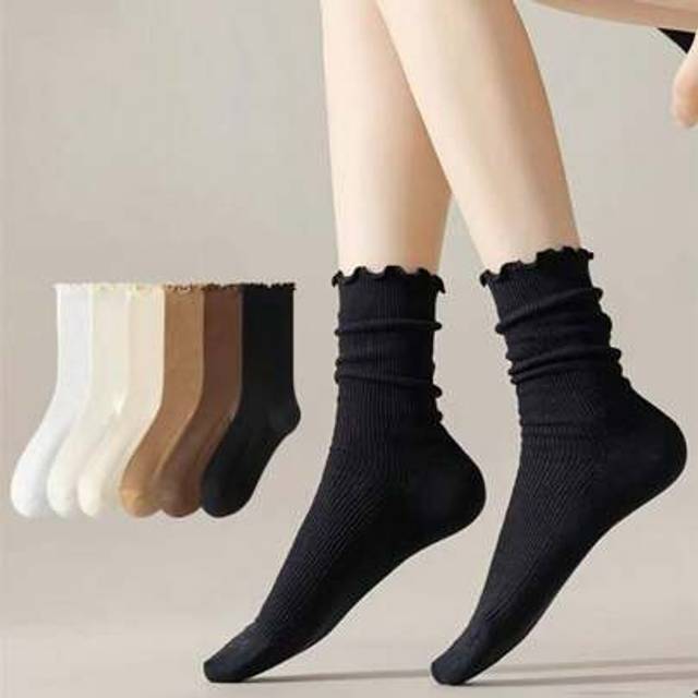 SHEIN 6 Pairs Of Women&#39;s Multi-Color Ruffle Cuffs Medium-High Socks, Spring, Summer And Autumn, Medium Tubes Ins , Versatile, Fashionable, Simple, Solid Col