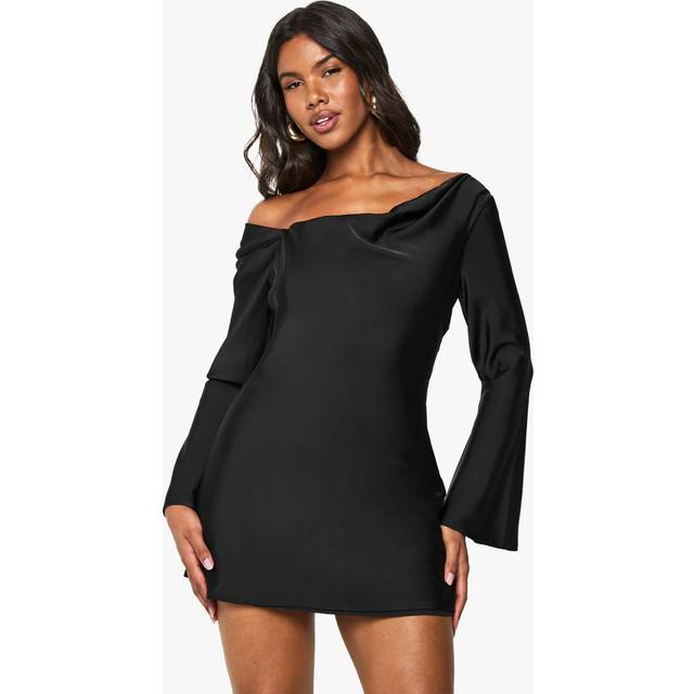 Womens Satin Draped Flared Sleeve Mini Dress - Black - 18, Black