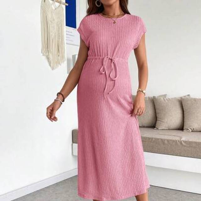 SHEIN Maternity Casual Solid Color Round Neck Batwing Short Sleeve Tie-Waist Dress, Summer Casual Long Dress Long Casual Dress Midi Summer Dress Woman Dress