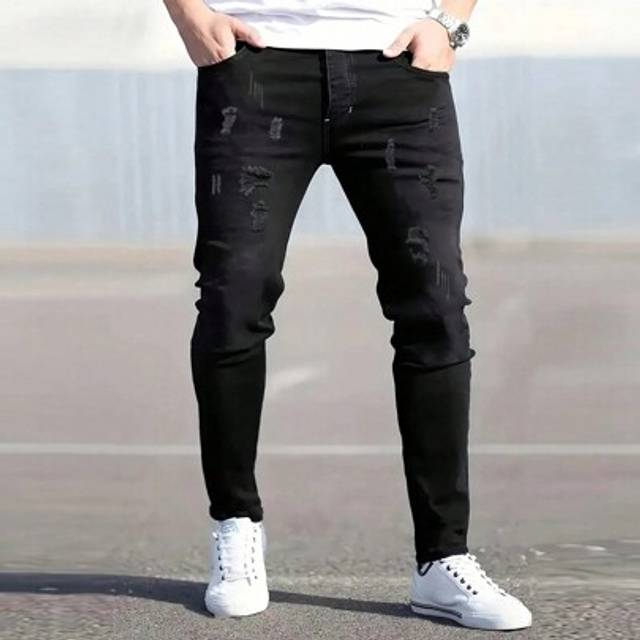 SHEIN Men&#39;s Fashion Stretchy Solid Color Distressed Pleated Pocket Casual Versatile Denim Jeans