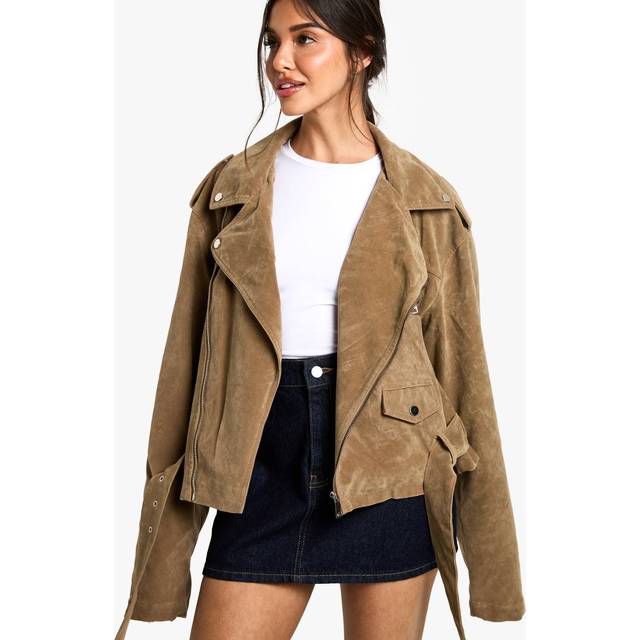 Womens Suede Look Oversized Biker Jacket - Beige - 14, Beige