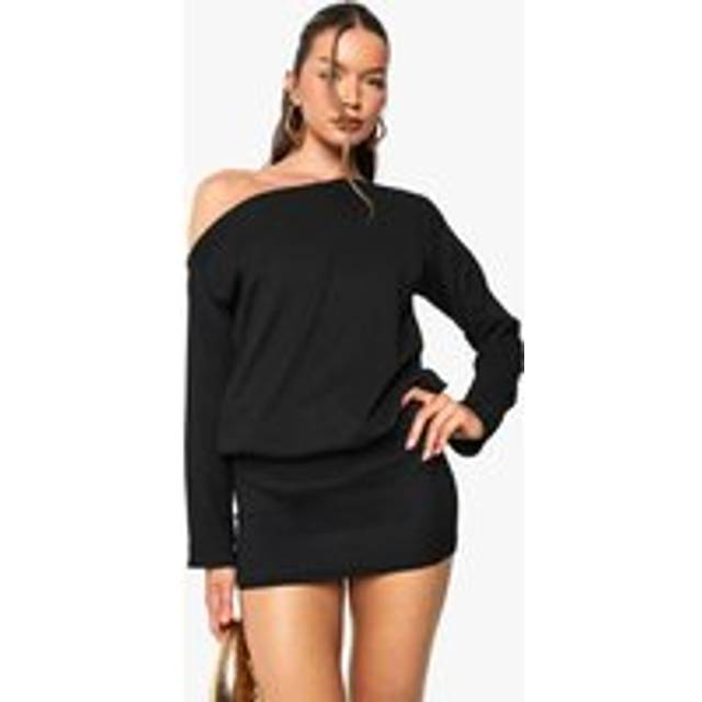 Womens Off the Shoulder Long Sleeve Bodycon Mini Dress - Black - 10