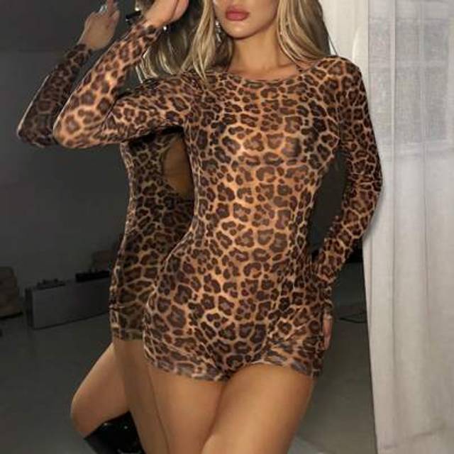 SHEIN Sexy Vintage Leopard Print Mesh Bodysuit, Women Long Sleeve Sheer Tight-Fitting Jumpsuit