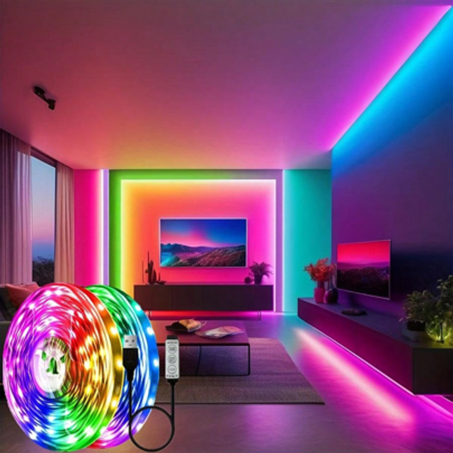 SHEIN 1pc 3.28ft/6.56ft/9.8ft/13.1ft/16.4ft/32.8ft/49.2ft/65.6ft RGB 5050 LED Strip Light, USB 3-Key Controller, For Party Atmosphere Decor, Home Decoration