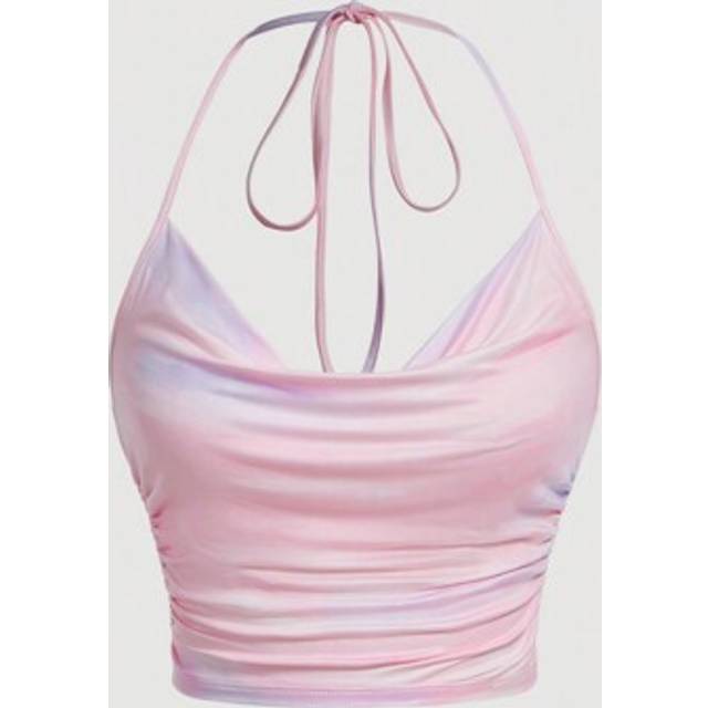 SHEIN Tie Dye Draped Collar Ruched Side Tie Back Halter Top,Ombre Print,Marble Print