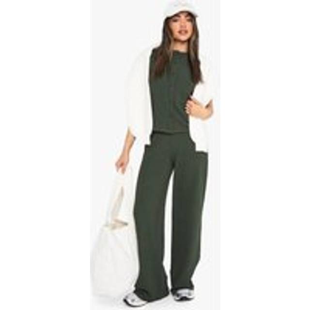 Womens Crinkle Rib Button Through Sleeveless Top And Trouser Set - Green - 8, Green