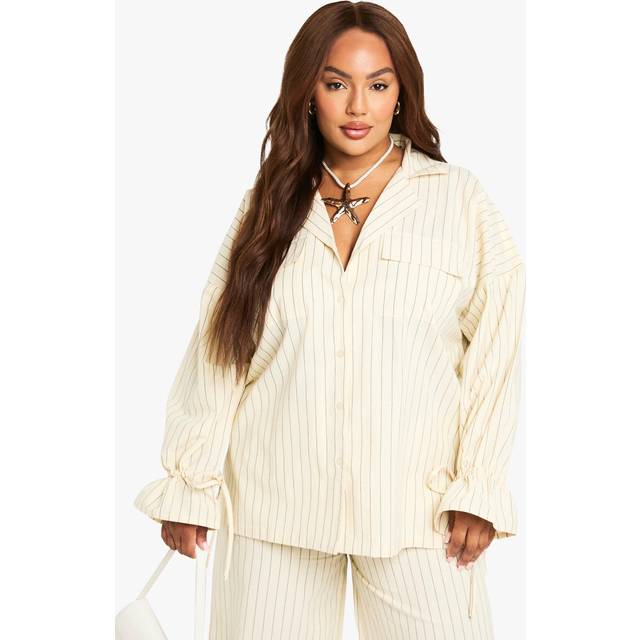 Womens Plus Stripe Linen Look Oversized Shirt - Cream - 18, Cream