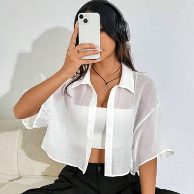 SHEIN Plus Size Women&#39;s Summer Casual Solid Color Sheer Crop Shirt Top, Cropped Shirt, Sheer Top,Cute,Vacation,European Summer,Country,Beach See Through Shi