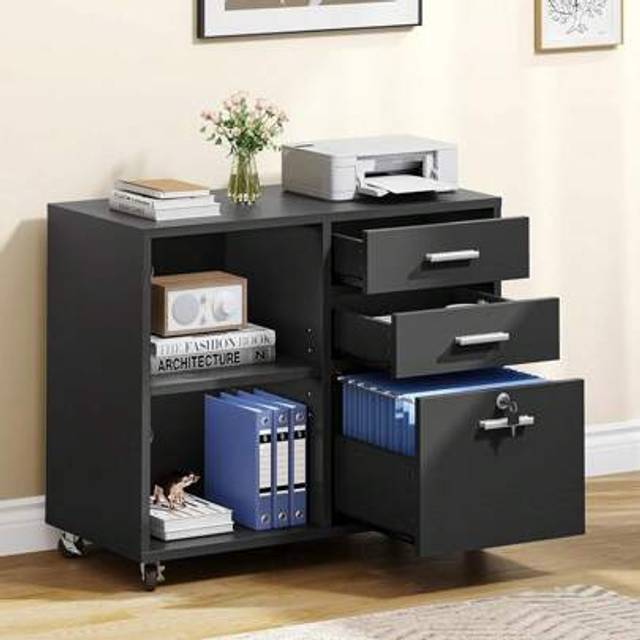 SHEIN Mobile Filing Cabinet With 3Drawers, Rolling Filing Cabinet For Home Office, Wood Storage Cabinet For A4, Letter Size Documents, Printer Table With Op