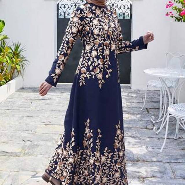 SHEIN Robe Print Long Sleeve Floor-Length Loose Dress Ramadan Garment,Modest