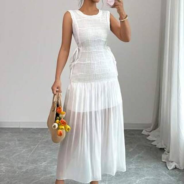 Calvaya Women Summer Vacation Textured Chiffon Pleated Mid-Ties Satin Straight Slim Long Dress