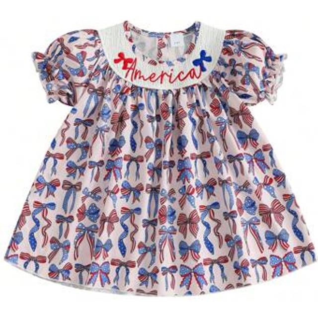 SHEIN Kids Girls Dress, Short Sleeve Crew Neck Bow Print Embroidery Letters Summer Dress 4th Of July Clothes
