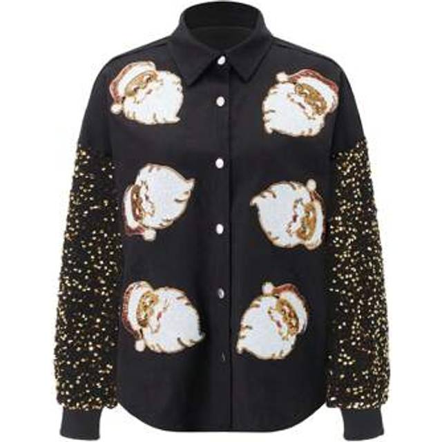 SHEIN Women&#39;s Button Down Knit Cardigan Sequin Long Sleeve Santa Claus Pattern Sweater For Spring, Fall