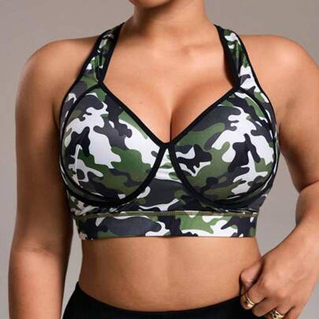 SHEIN Plus Size Sports Fixed Cup Bra, Fashionable Camouflage Gathering Cup, Adjustable Shoulder Straps, Hook & Eye Back Closure, Sexy Back
