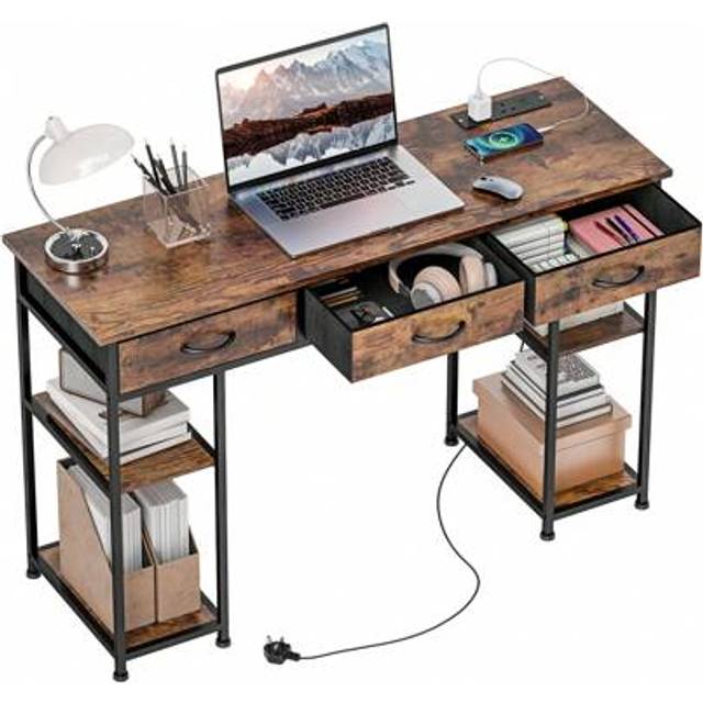 SHEIN HOMCOM Computer Desk With Power Outlets, 120cm Home Office Desk With 3 Fabric Drawers And 4 Storage Shelves, Study Table Workstation For Bedroom