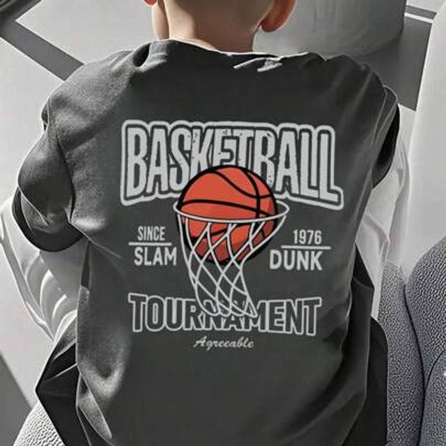 SHEIN A Casual Printed Round Neck Pullover Short Sleeved T-Shirt For Boys And Young Students In Summer - Cool Basketball English Letter T-Shirt Brings Joy A
