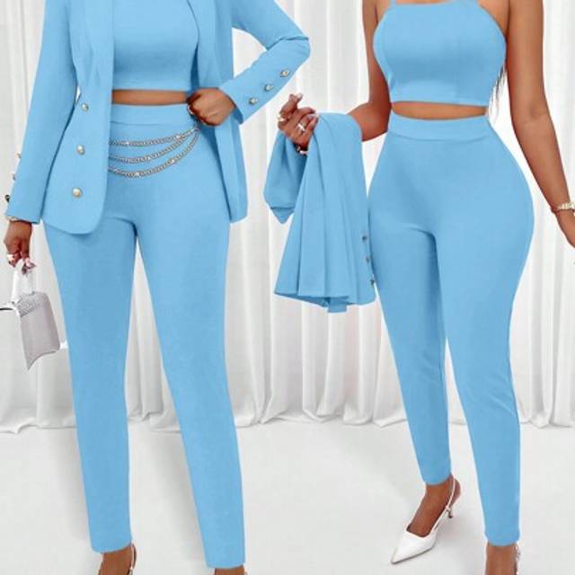 SHEIN Amarilo Women&#39;s Ladies&#39; Shawl Neck Open Front Blazer & & Cami Top & Pants Three Pieces Set For Office Look