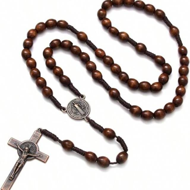 SHEIN Handmade Wooden Catholic Rosaries, Beads Necklace From Bethlehem Wood Christian Prayer Holy Soil Medal & Metal Cross For Catholic Or Christian Gift