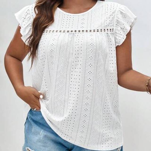 SHEIN Plus Eyelet Embroidery Butterfly Sleeve Tee