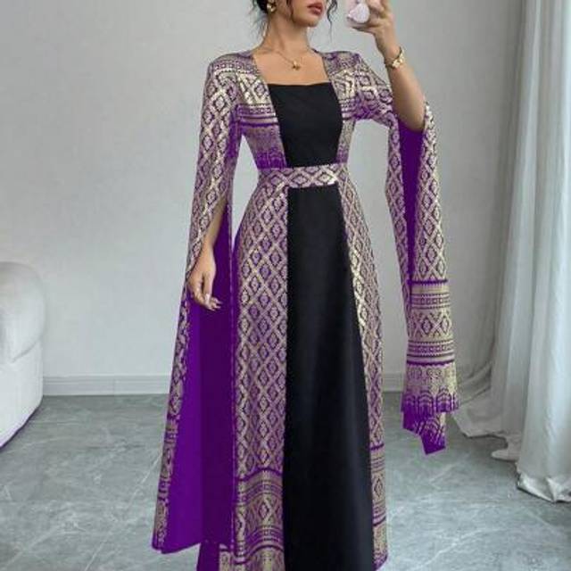 Calvaya Fashionable & Elegant Square Neck Puff Sleeve Gold Foil Floral Print Long Dress, Spring & Summer