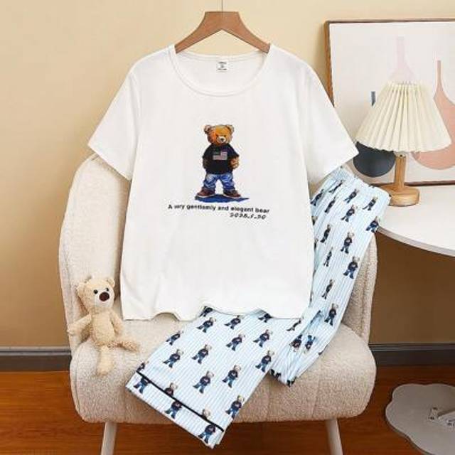 SHEIN Teen Boy Pajamas Set, White Base With Adorable Bear Print, Round Neck Short Sleeve Top + Loose Fit Long Pants, Casual Homewear