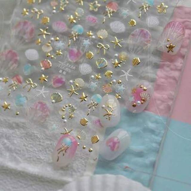 SHEIN 1pc 5D Nail Art Stickers Summer Beach Ocean Water Ripples Flash Star Soft Relief Decoration Manicure Decal Nail Art Charms DIY Nail Supplies Press On