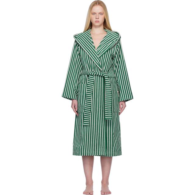 Tekla Green & White Terry Hooded Bathrobe - Teal Green Stripes - M