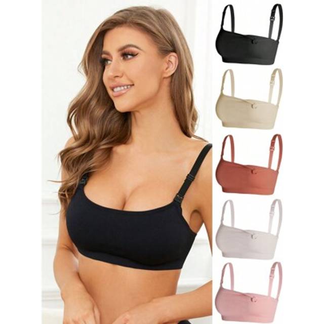 SHEIN 5pcs/Set Pregnant & Nursing Clip-Down Bras, Comfortable Lace Wireless Breastfeeding Bras, Sexy Minimalist Seamless Bras For Pregnancy & Postpartum