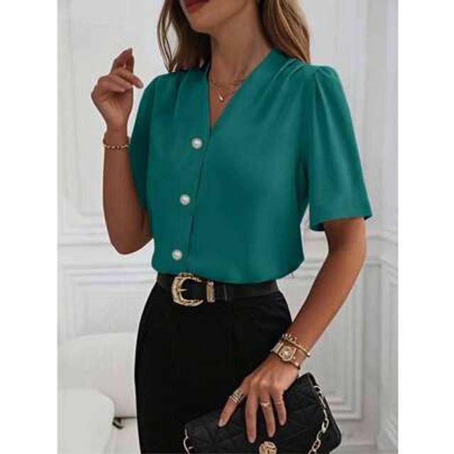 SHEIN Summer New Arrival Women&#39;s V-Neck Fashion Elegant Versatile Workwear Casual Blouse, Cream Color, Back To School & Independence Day Season, Recommend S
