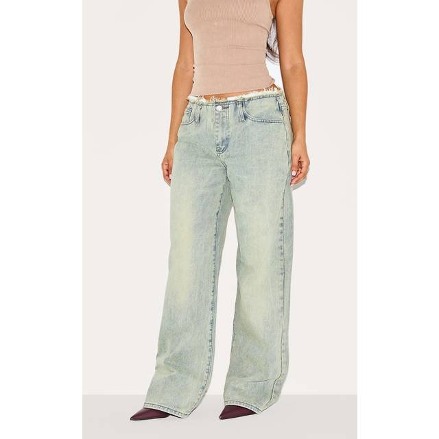 Petite Vintage Wash Fray Waist Low Rise Straight Leg Jeans, Vintage Wash - 2