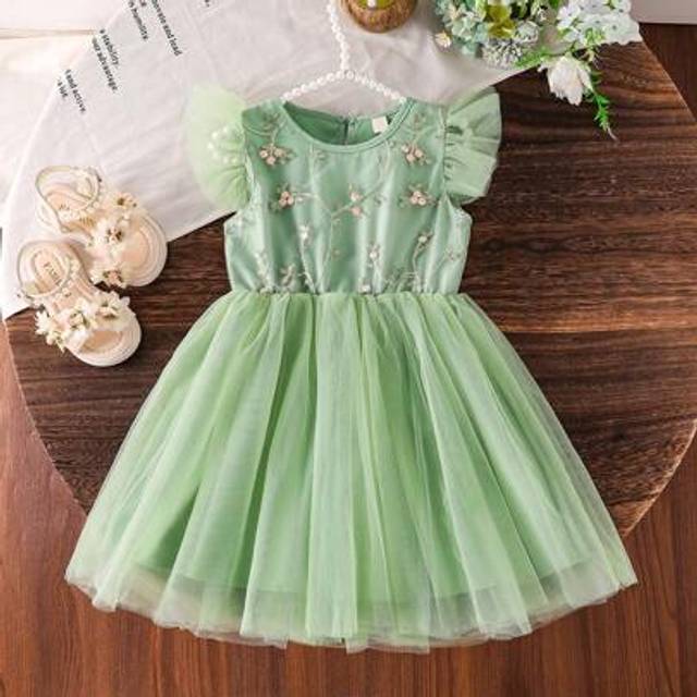 SHEIN Young Girl&#39; Green Summer High-End Embroidered Flower Mesh Puffy Sleeve Midi Dress, Comfortable & Fresh For Wedding, Party, Holiday Party Dresses For G