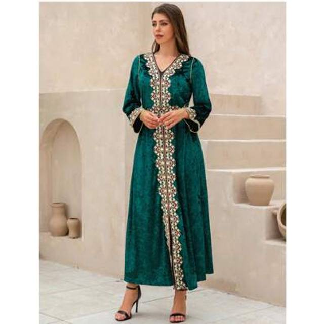 SHEIN Eid Al-Adha Ramadan V-Neck Printed Crystal Embellished Fringe Trumpet Sleeve Robe Abaya Jalabiya, Fashionable Lightweight Luxury Evening Gown For Wome