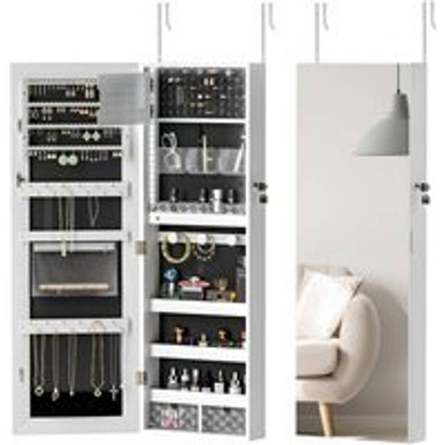 HOMCOM Door Hanging or Wall Mounted Jewellery Cabinet w/ Mirror Black Lining