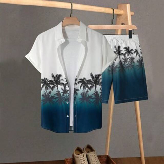 SHEIN Men&#39;s Palm Tree Print Short Sleeve Shirt And Shorts Set, Men 2 Piece Set Tropical, Men 2 Piece Set Vacation, Men S Resort Wear, Men Beach Outfit Set