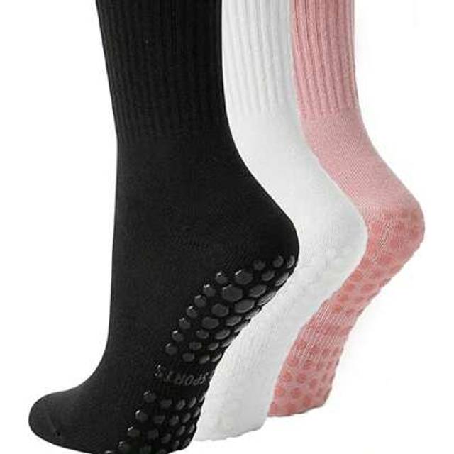 SHEIN 3 Pairs Pilates Non-Slip Socks, Women Pilates Grip Socks, Yoga & Workout Grip Socks In Black, White And Pink Colors, For Gym