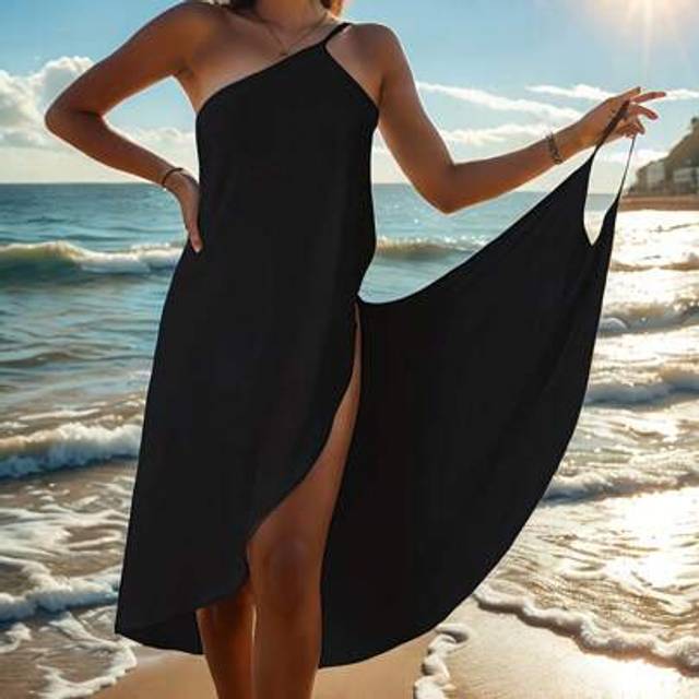 SHEIN Women&#39;s Summer Beach Dress - Casual Black Sleveless Maxi Dress With Adjustable Straps, Polyester & Spandex Blend, Perfect For Sunbathing And Seaside G