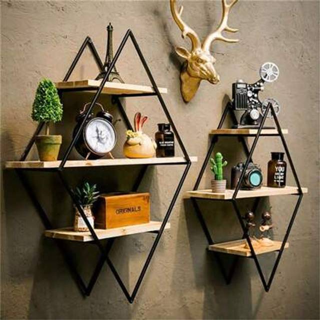 SHEIN 3 Tier Rhombus Black Floating Decorative Hanging Shelves With MDF Wood Rustic Shelf And Metal Wire Frame Industrial Wall Mounted Shelving Unit