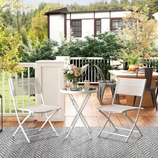 SHEIN Outsunny 3 Pieces Outdoor Bistro Set, Glass Top Outdoor Table And 2 Folding Chairs, Garden Furniture Set With Protecting Feet, Steel Frame, Easy Clean