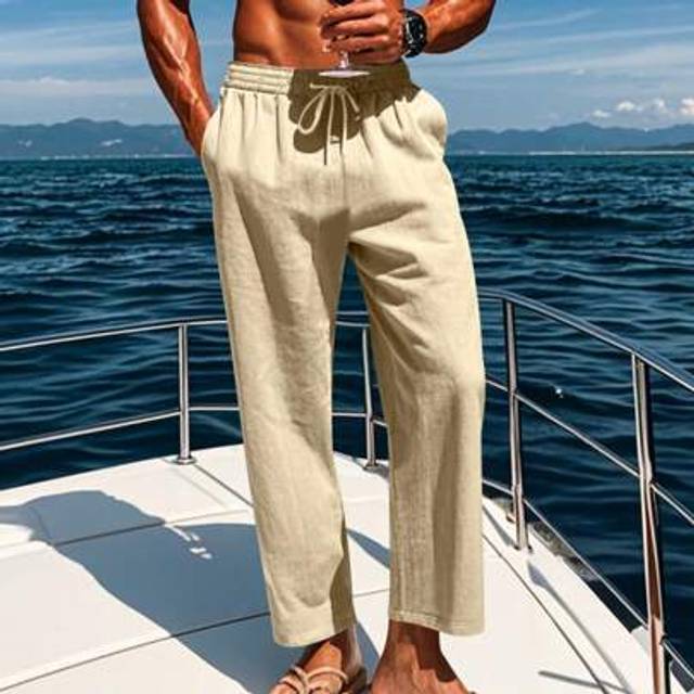 SHEIN Men&#39;s Linen Pants, Summer Drawstring Beach Breathable Long Trousers, Elastic Waist Casual Cargo Pants For Men, Suitable For Vacation, Commute, Relaxed