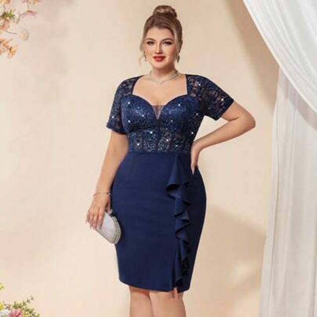 SHEIN Plus Size Deep V-Neck Contrast Sequin Floral Lace Ruffle Trim Hem Cocktail Party Bodycon Dress, Elegant Semi Formal Wedding Guest Dress, For Birthday,