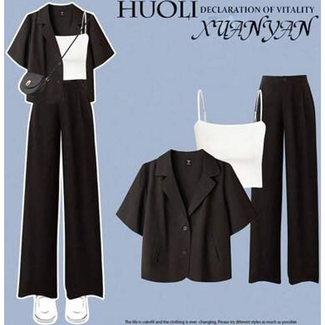 Flirla 3 PiecesSuit Set: Plus Size Casual Short Sleeve Blazer + Camisole + Loose Fit Casual Pants