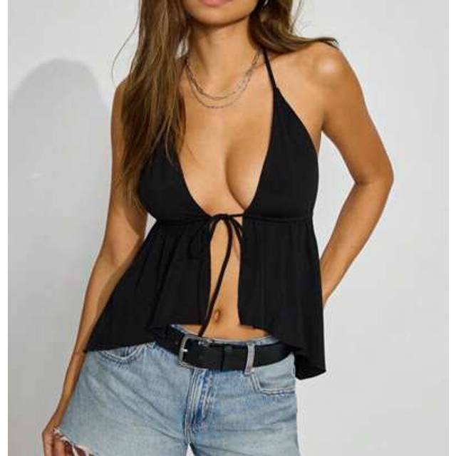 SHEIN Women Halter Tank Top Deep V Neck Tie Front Y2k Crop Tops Backless Spaghetti Strap Cami Top