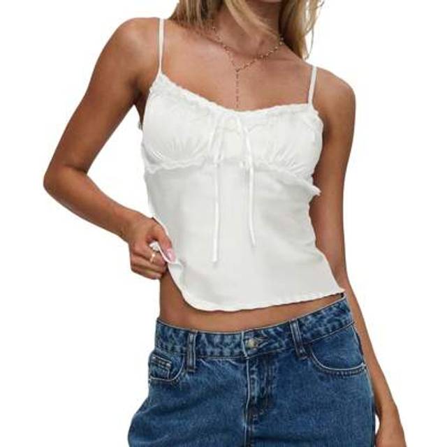 SHEIN Women&#39;s Satin Cami Tops Sleeveless Open Back Low Cut Slim Fit Lace Trim Tank Tops