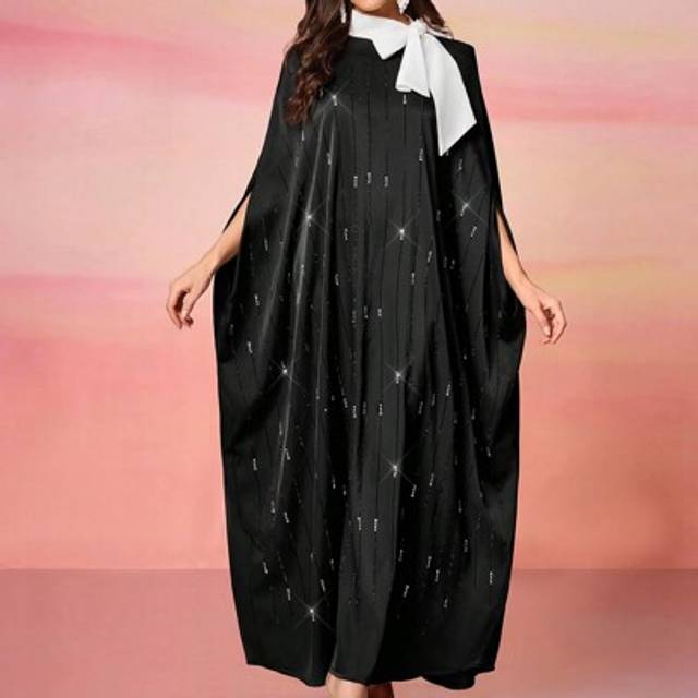 SHEIN Women&#39;s Solid Color Bowknot Collar Heavily Jeweled Elegant Abaya, Modest Robe