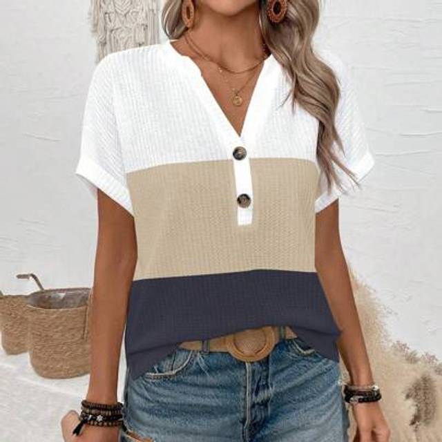 SHEIN Women&#39;s Contrasting V-Neck Half Placket Short Sleeve Striped Casual T-Shirt, Summer