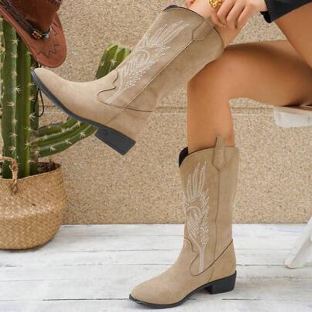 SHEIN Vintage American Style Embroidered Suede Pointed Toe Cowboy Boots, Khaki Chic High-Top Boots, High Heel Chunky Cowgirl Boots, Fashionable Punk Chelsea