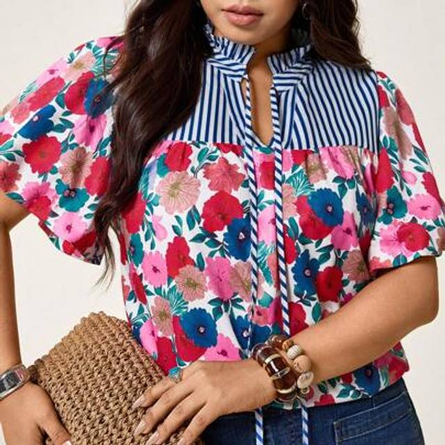 Luneh Plus Size Women&#39;s Summer Blue And White Striped Patchwork Floral Print Pattern Lace Collar Blouse Women Summer Clothes Cozy Fit Chillax Lazy Casual St