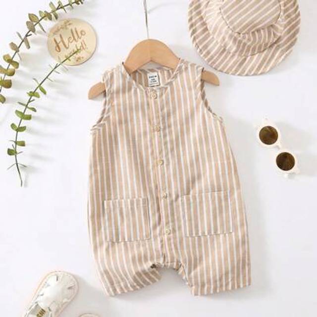 SHEIN 2pcs/Set Baby Boy/Girl Summer Apricot Colorful Striped Sleeveless Romper & Bucket Hat, Versatile Casual Outfit For Vacation & Travel