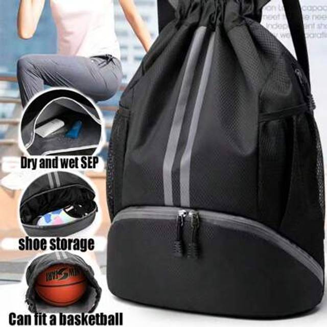 SHEIN 1pc Sports Drawstring Backpack With Shoe Compartment And Pockets, Unisex Gym Bag, Swimming Bag With Wet/Dry Compartments And Drawstring Closure