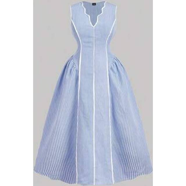 SHEIN Plus Size Blue And White Striped Elegant Commuter Long Dress.Business Casual Woman. Women Summer Clothing,Beach Vacation Outfits,Birthday Dresses For